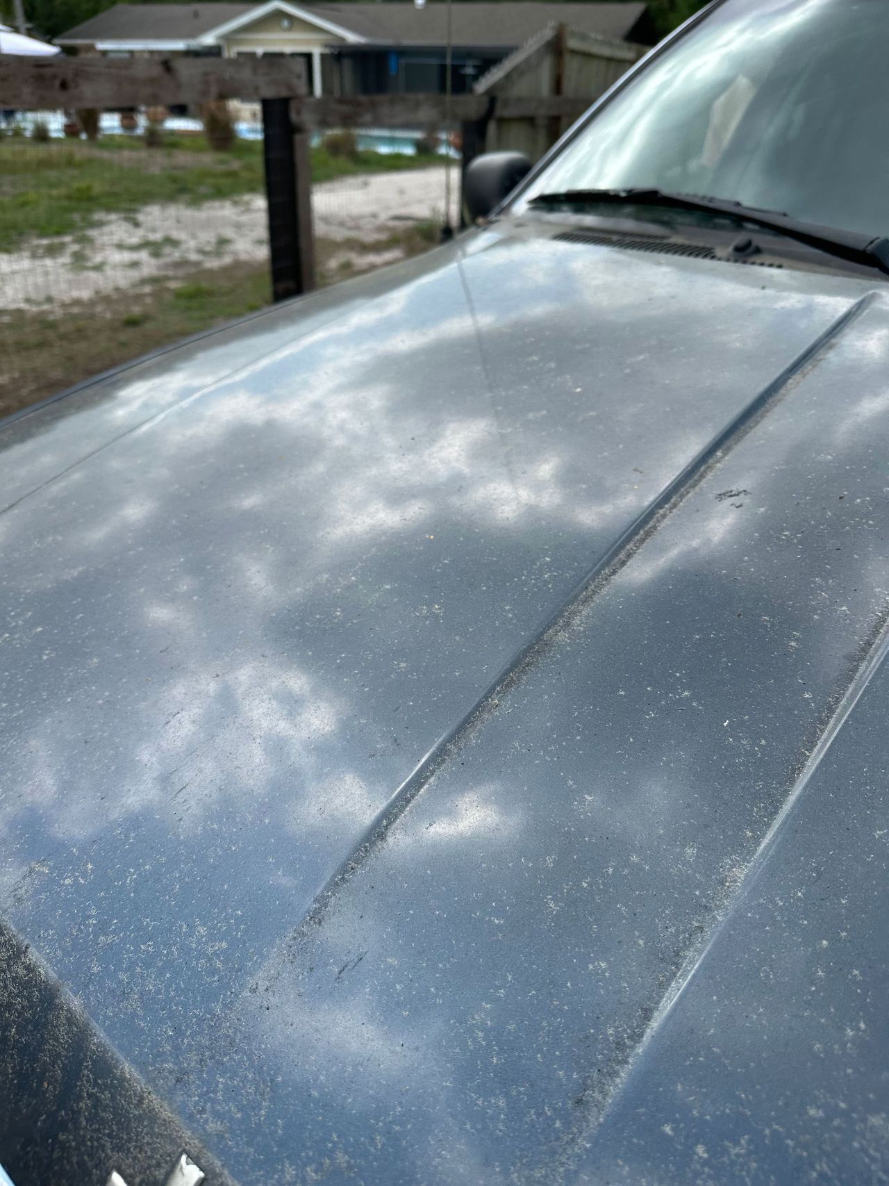 A close up of a car hood with a house in the background