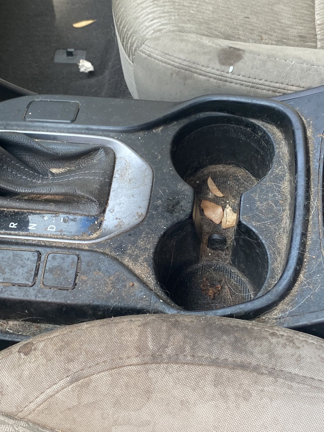 A dirty cup holder in a car with a dirty seat.