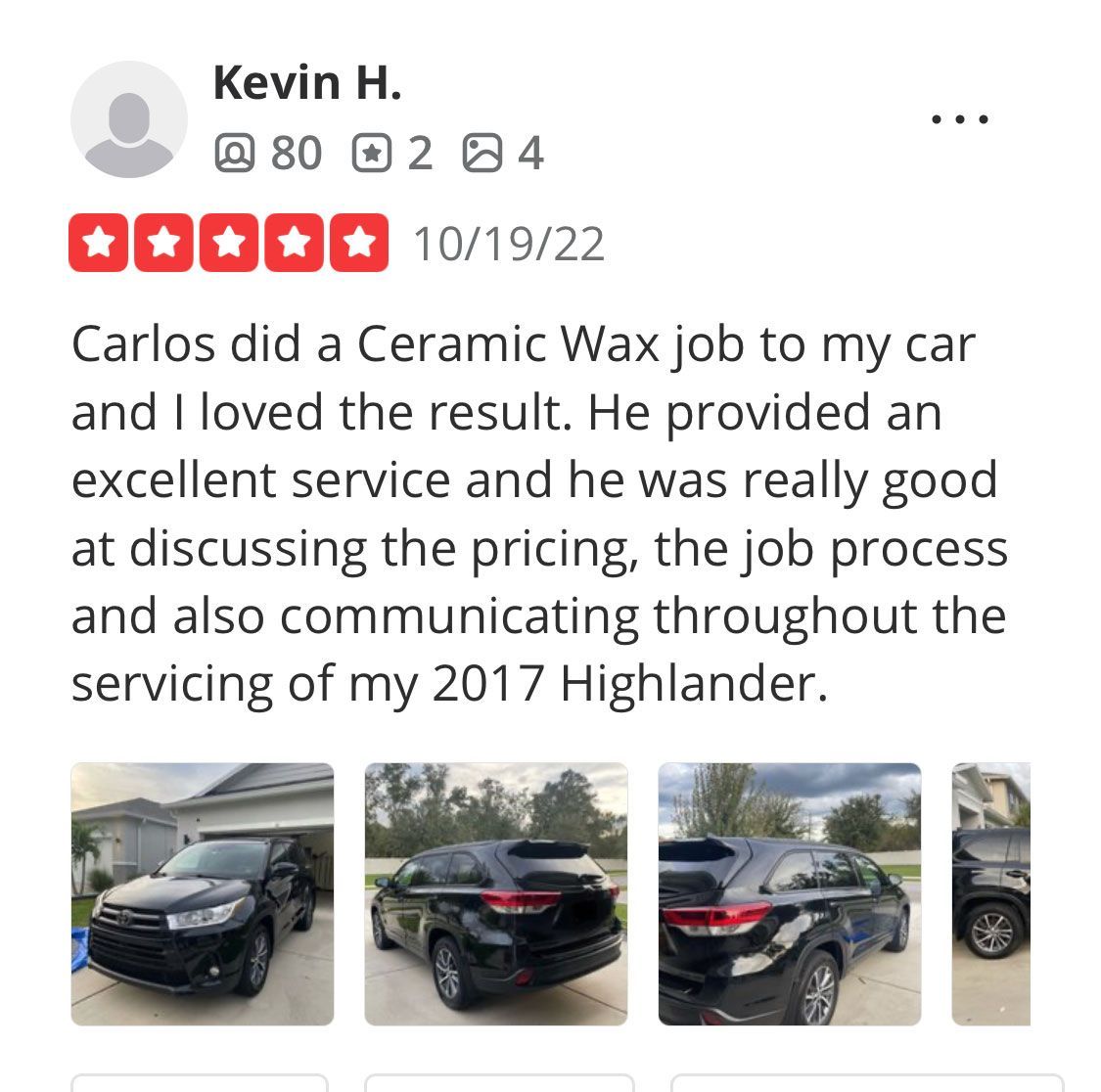 Carlos did a ceramic wax job to my car and i loved the result.