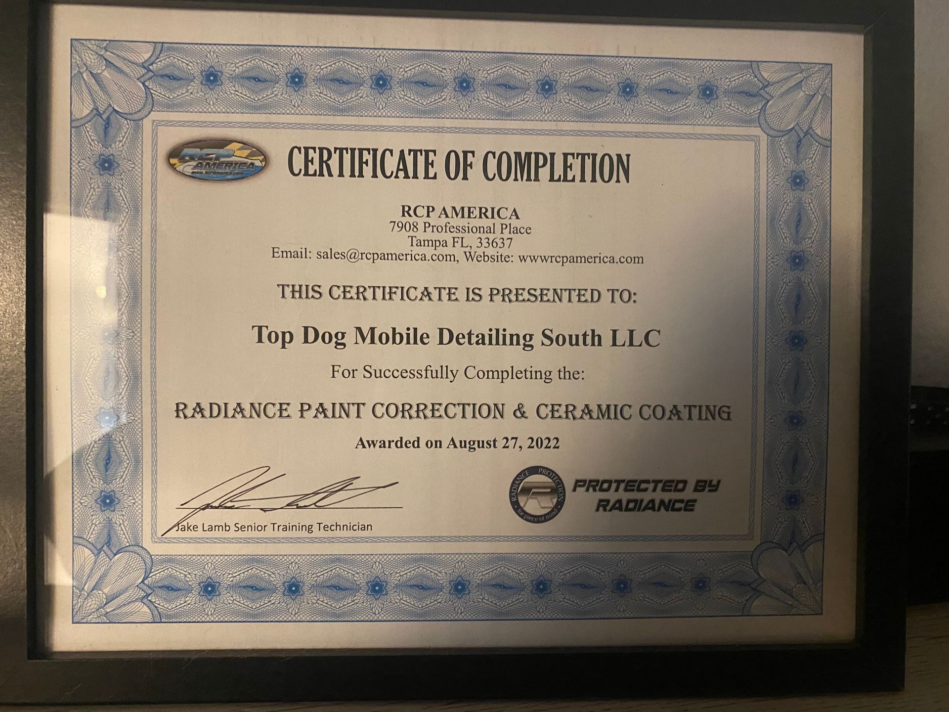 A certificate of completion for Top Dog Mobile Detailing South LLC