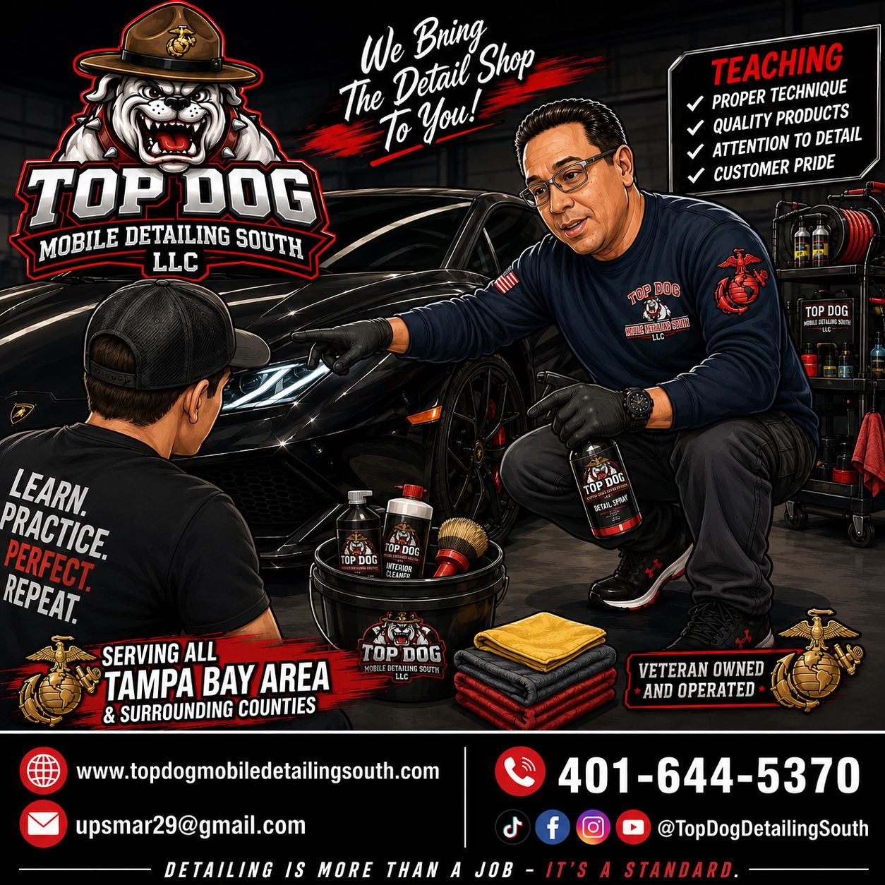 Top Dog Mobile Detailing South LLC ad with man detailing a car and service contact info
