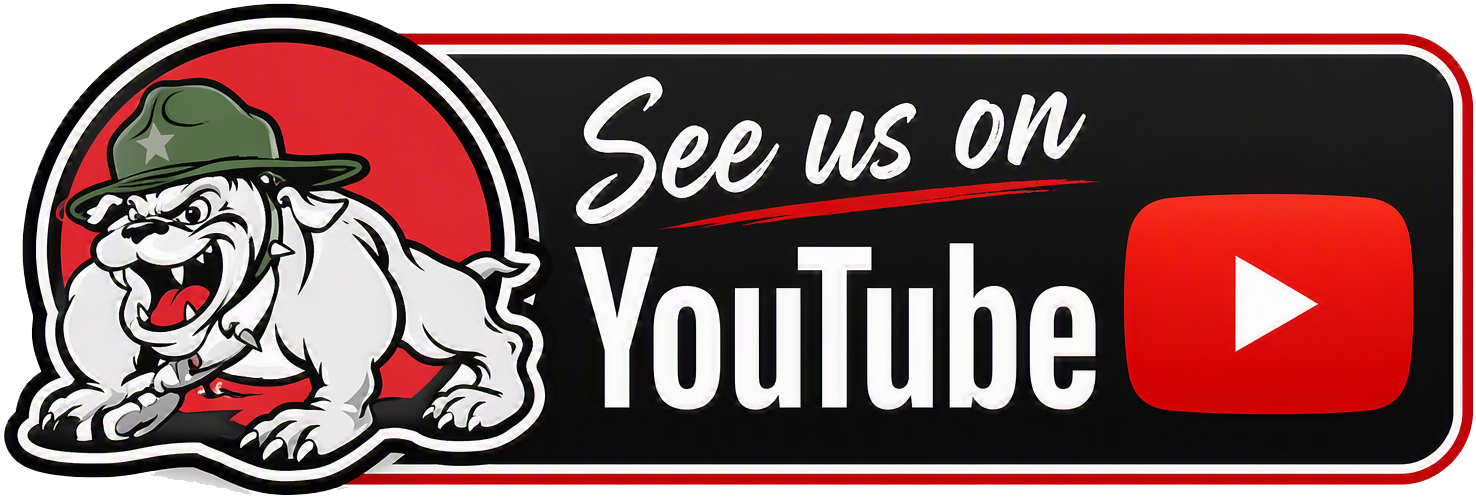 Bulldog mascot beside See us on YouTube text and red YouTube play button logo.