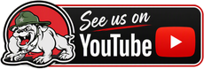 Bulldog mascot beside See us on YouTube text and red YouTube play button logo.