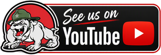 Bulldog mascot beside See us on YouTube text and red YouTube play button logo.