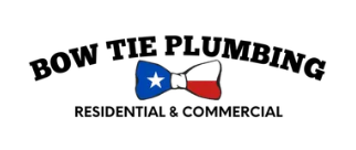 Bow Tie Plumbing logo with a bow tie featuring the Texas flag. "BOW TIE PLUMBING" above, "RESIDENTIAL & COMMERCIAL" below.