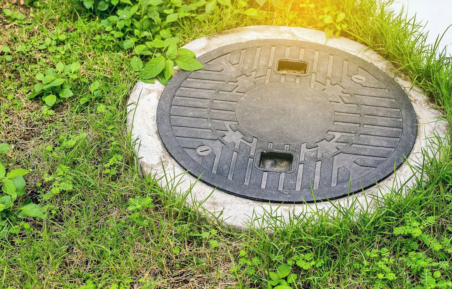 Manhole cover set in concrete ring, surrounded by green grass and weeds. Sunlight visible.