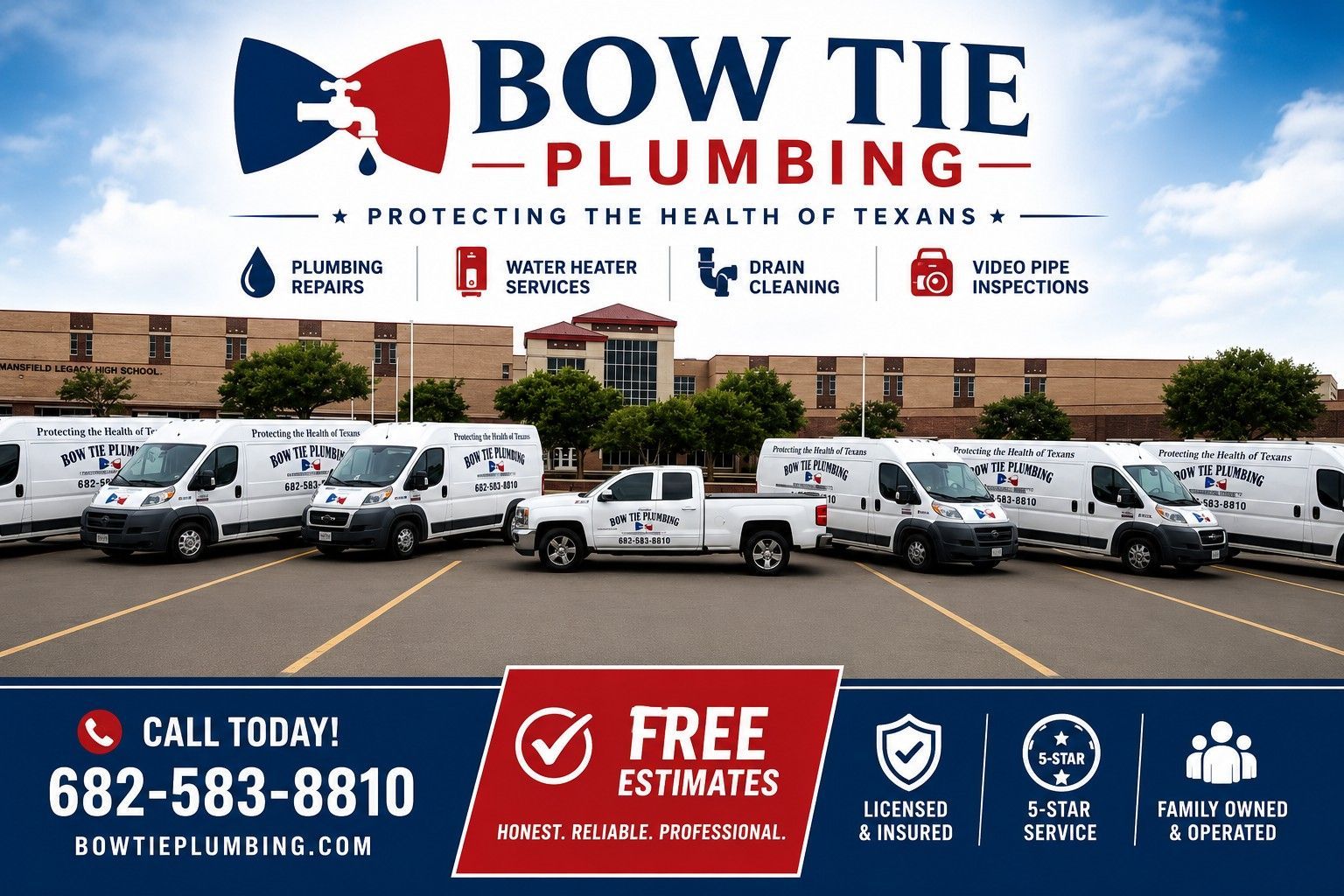 Bow Tie Plumbing van fleet parked in front of a building with “Free Estimates” and contact info banner