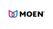 Moen logo: red and blue stylized water drops next to black text