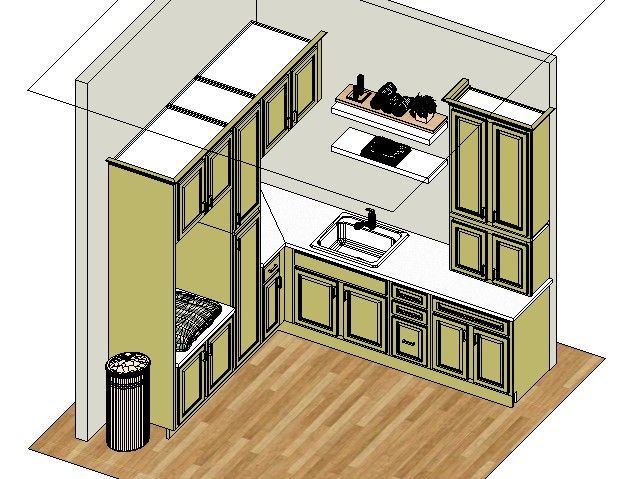 A digital 3D model of a light yellow L-shaped kitchen layout with cabinets, countertops, and a sink on wooden flooring.
