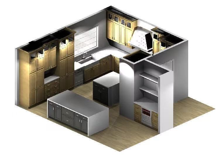 A 3D floor plan of a kitchen featuring a U-shaped layout with light wood cabinets, two central islands, and a pantry.