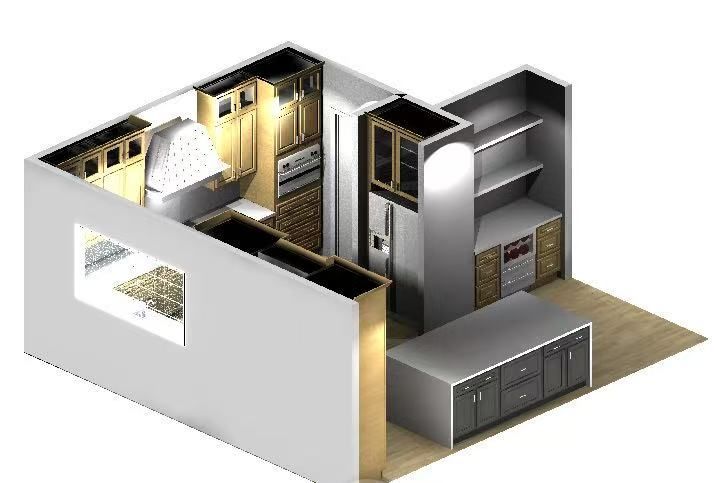 A 3D floor plan showing a modern U-shaped kitchen with light wood cabinets, stainless steel appliances, and an island.