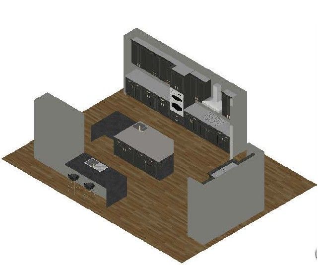 An isometric view of a modern kitchen with dark cabinets, a central island, and a separate breakfast bar on wood flooring.