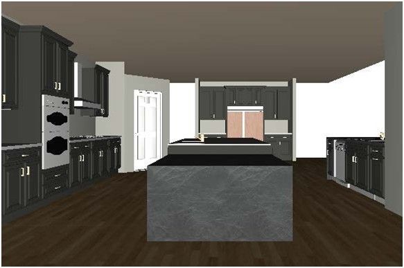 A 3D render of a modern kitchen with dark cabinetry, wooden floors, a large central island, and stainless steel appliances.