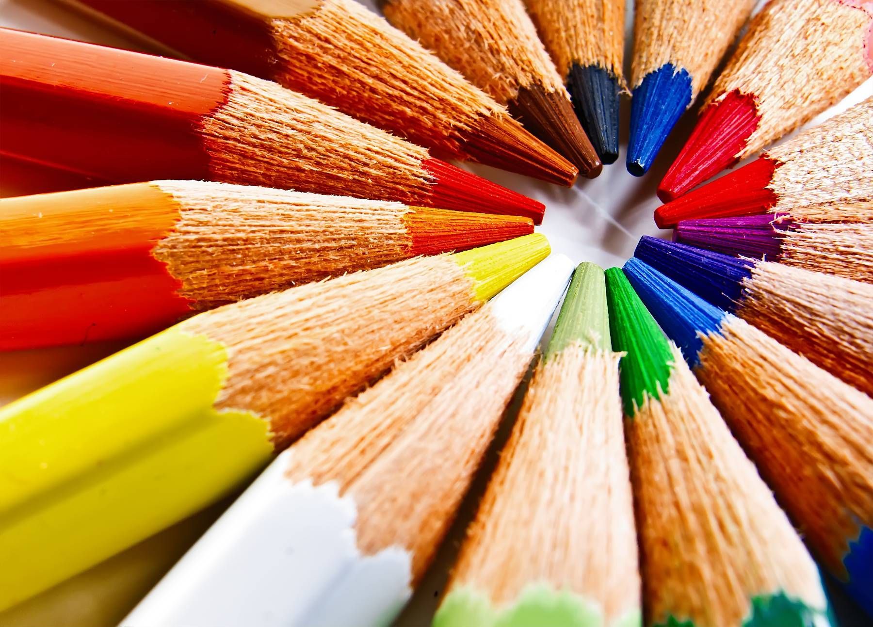 A bunch of colored pencils are arranged in a circle