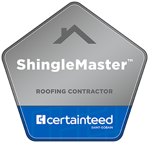 ShingleMaster Roofing Contractor certification badge with gray/blue color scheme and CertainTeed logo.