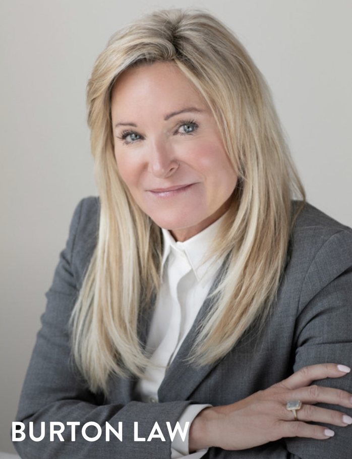 A woman in a suit and white shirt with the name burton law on the bottom