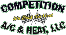 Competition A/C & Heat, LLC logo with checkered flags and the slogan &ldquo;We Beat the Heat&rdquo;