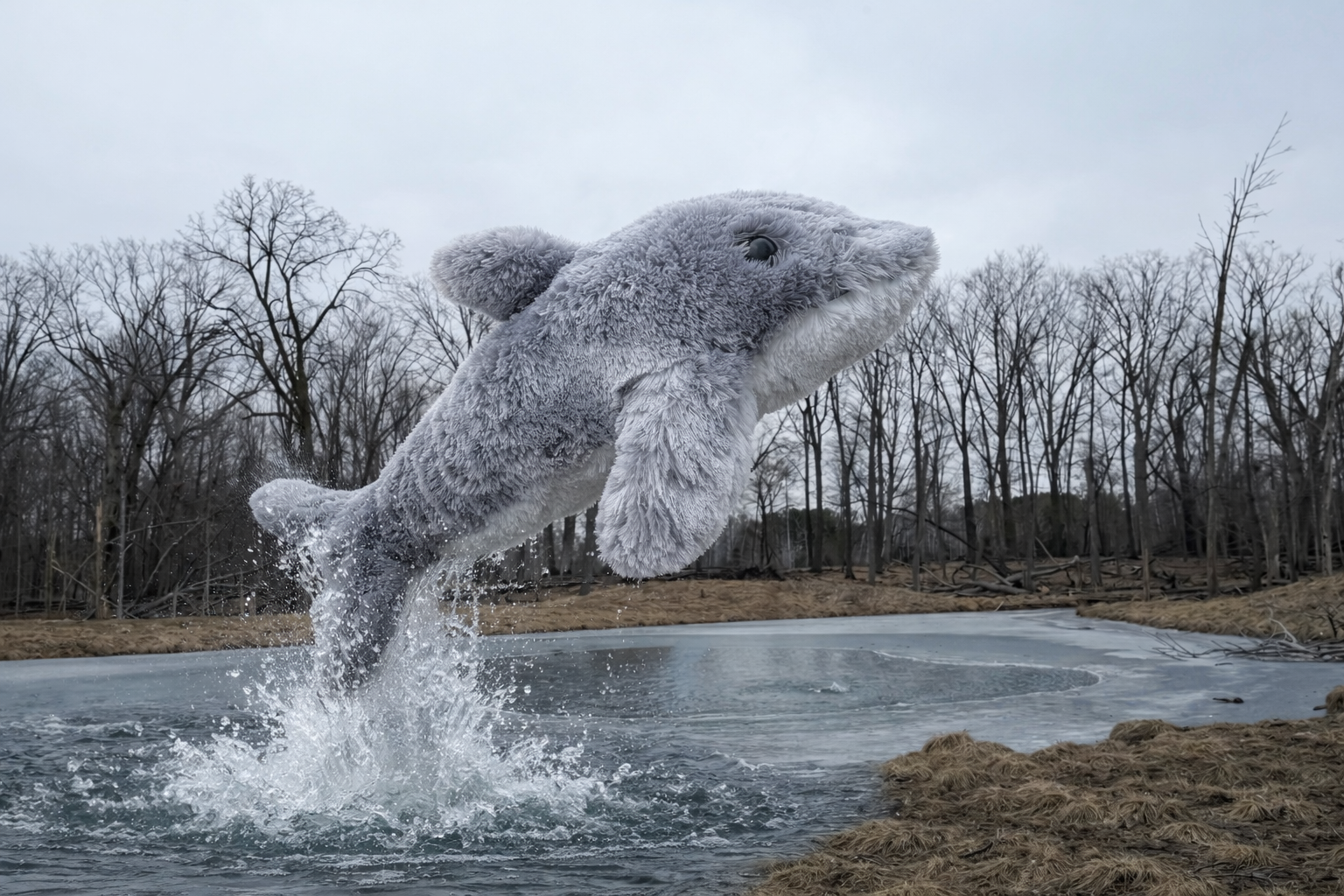 A fuzzy, gray, plush dolphin toy leaping out of a icy, partially frozen pond in a forest setting.