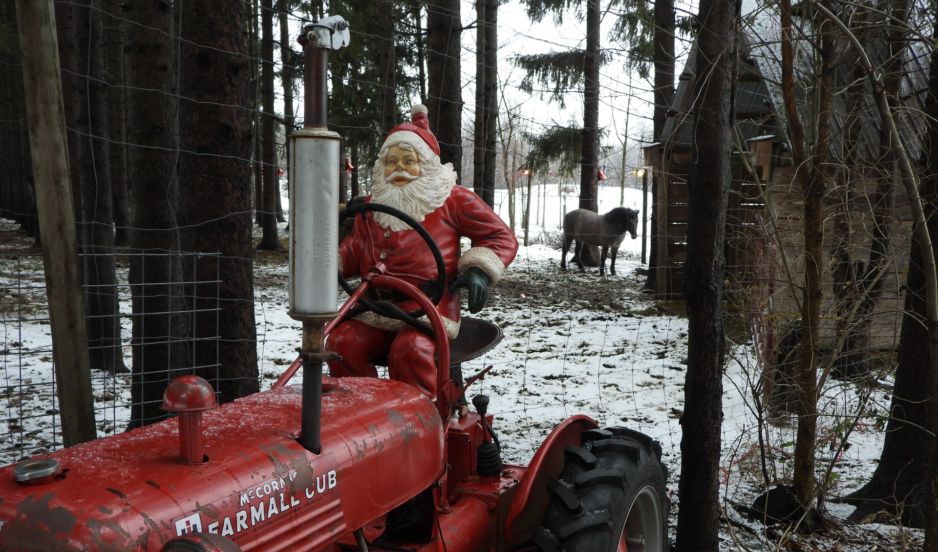 Santa Claus on a red tractor in a snowy forest; a horse in the background.