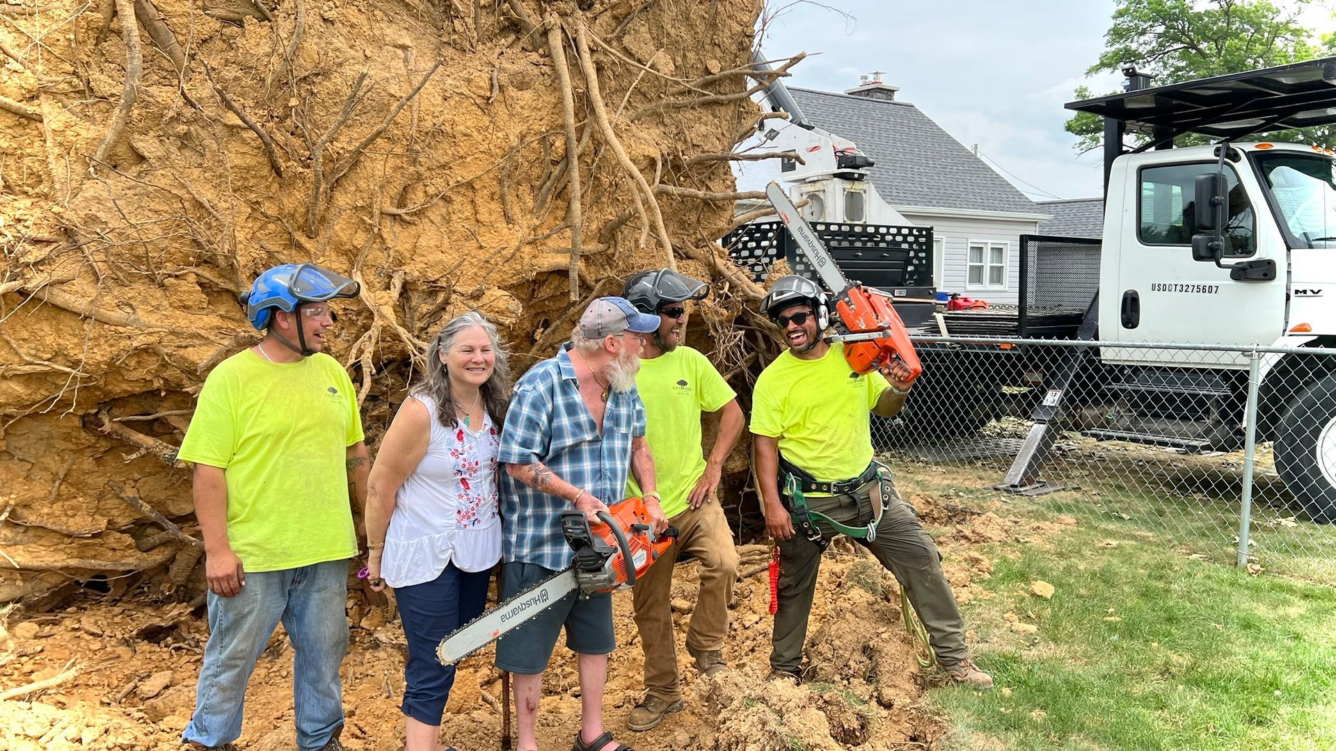 Huge uprooted tree with staff clearing the area