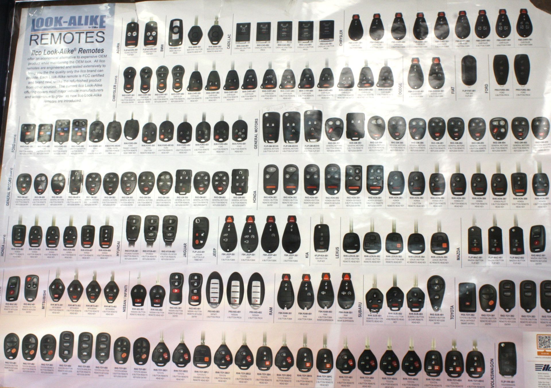 Poster with rows of car remote key fobs for sale, various shapes and sizes.