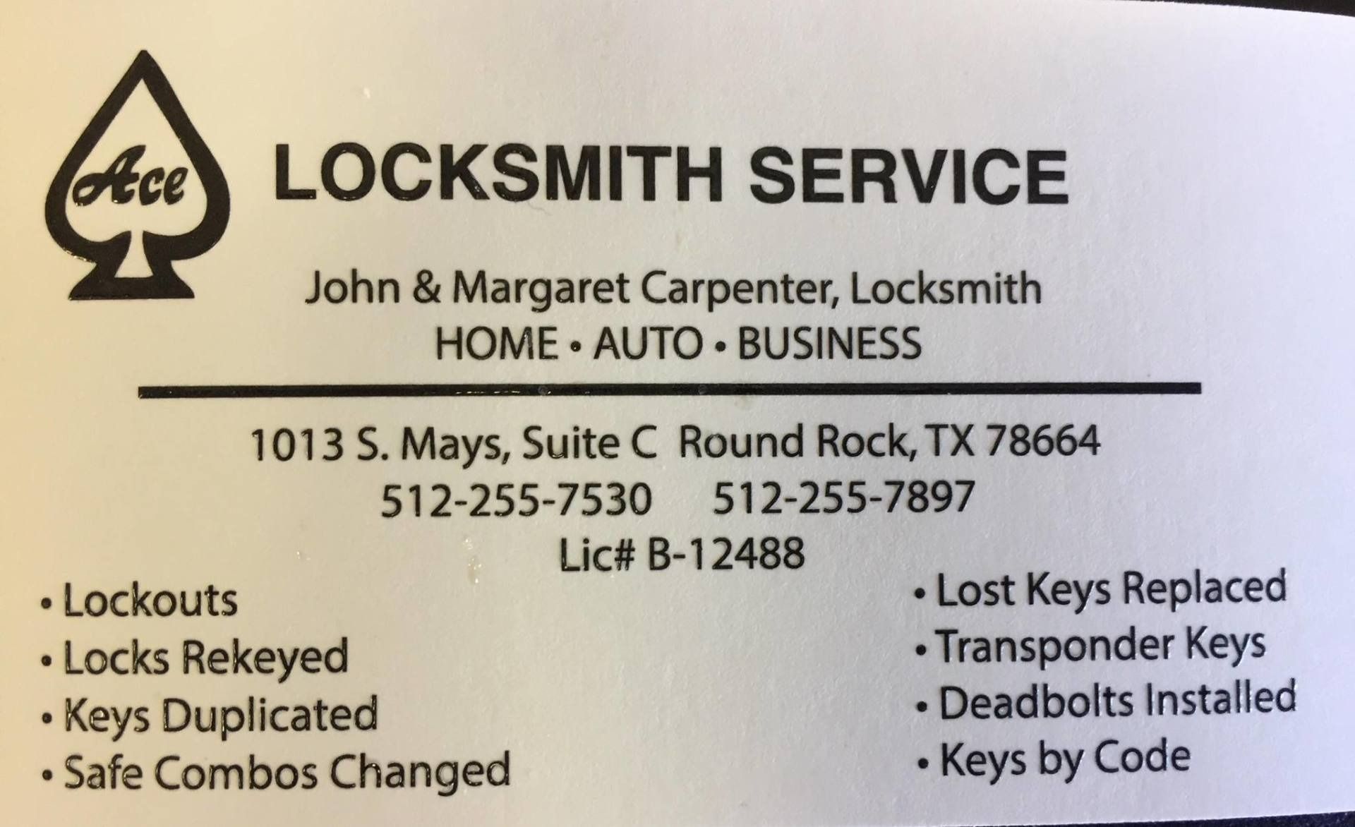 Business card for Ace Locksmith Service in Round Rock, TX, with services listed.