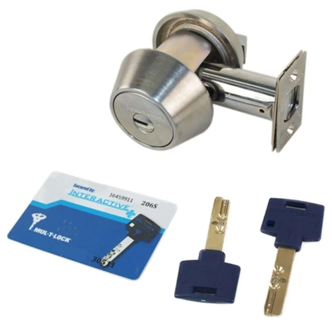 Cylinder lock with keys and a key card, all in a stainless steel finish.