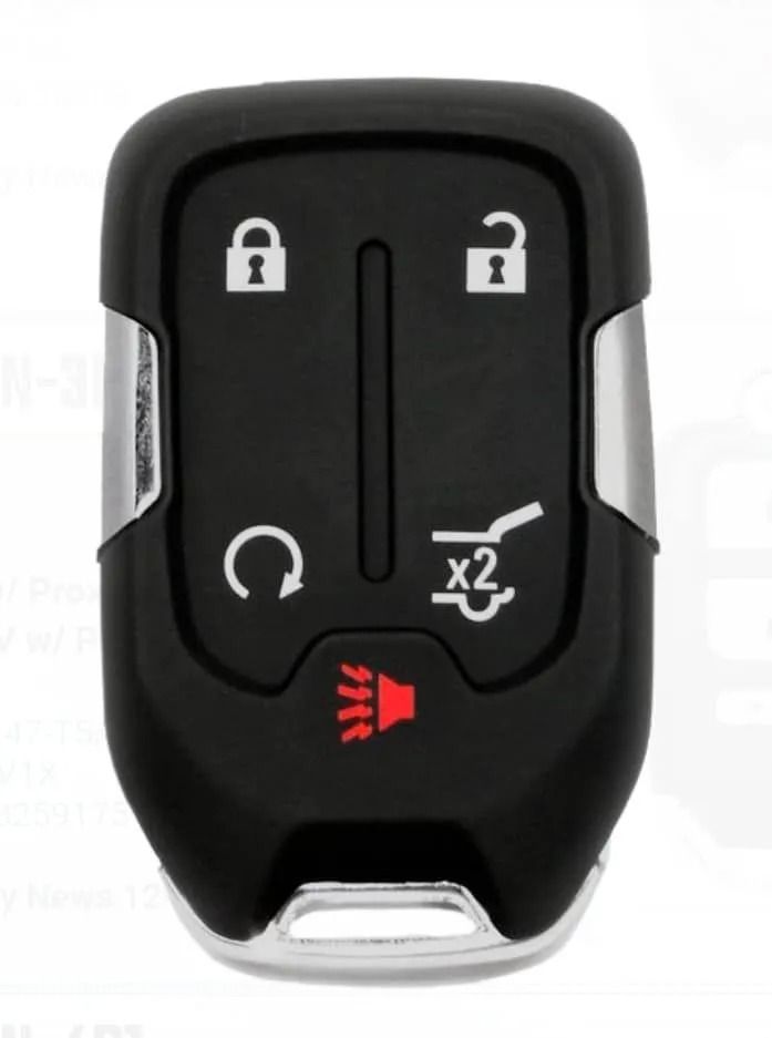 Black car key fob with lock, unlock, panic, and remote start buttons.