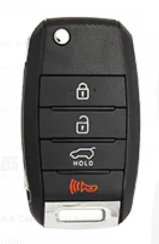 Black Kia key fob with lock, unlock, trunk release, and panic buttons.