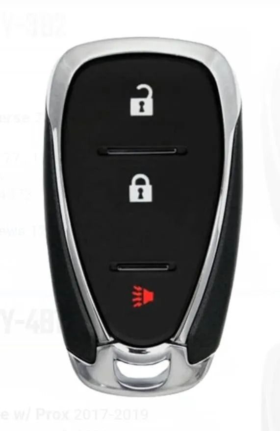 Car key fob with lock, unlock, and panic buttons.