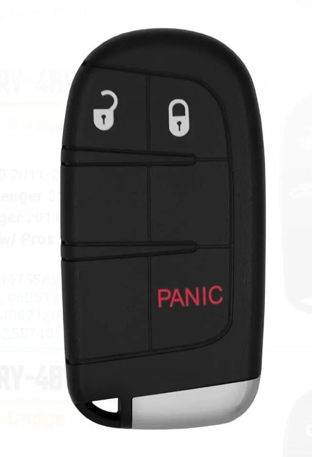 Black car key fob with lock, unlock, and panic buttons; silver base.