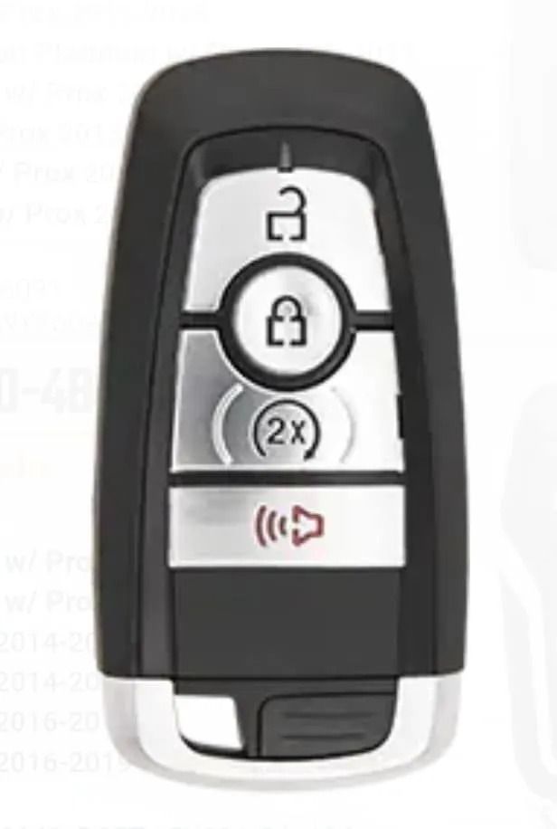 Car key fob with lock, unlock, trunk, and panic buttons on black and silver body