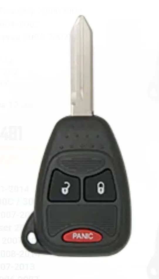 Black car key fob with two buttons and a red panic button, showing a metal key blade
