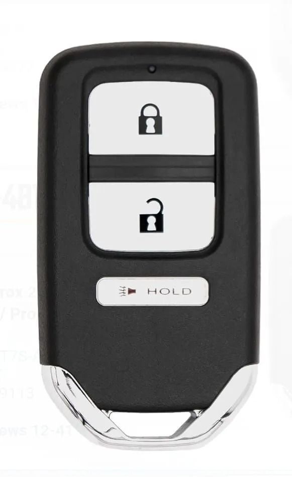 Black car key fob with lock, unlock, and hold buttons on a white background