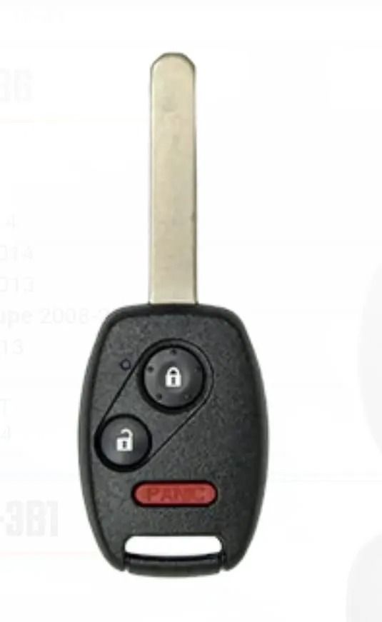 Car key with black remote fob, two lock buttons, red panic button, and metal key blade