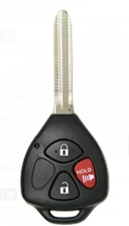 Black car key with two buttons and a red panic button on a silver blade