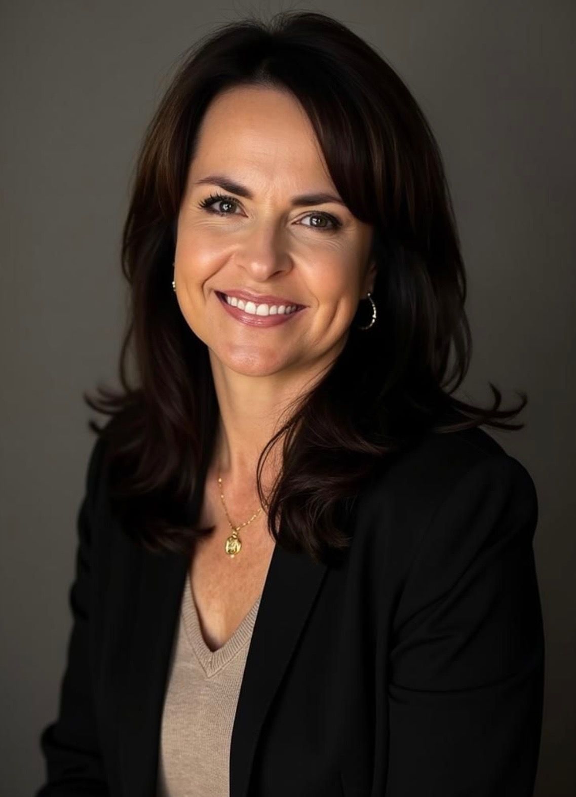 A woman in a white lab coat is smiling in front of a painting.