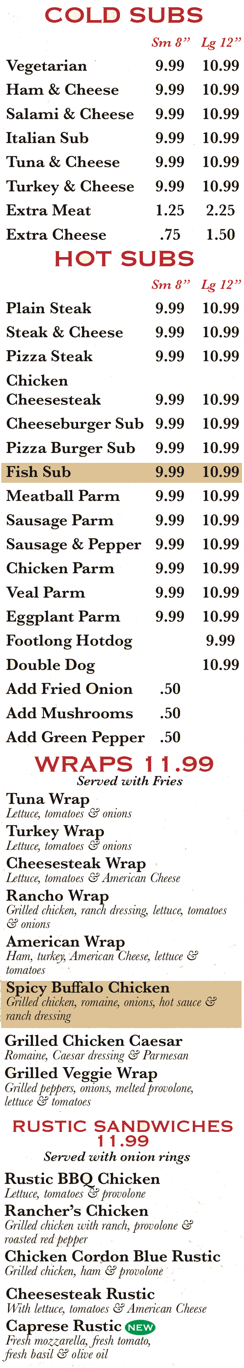Subs, Wraps, and Sandwiches Menu