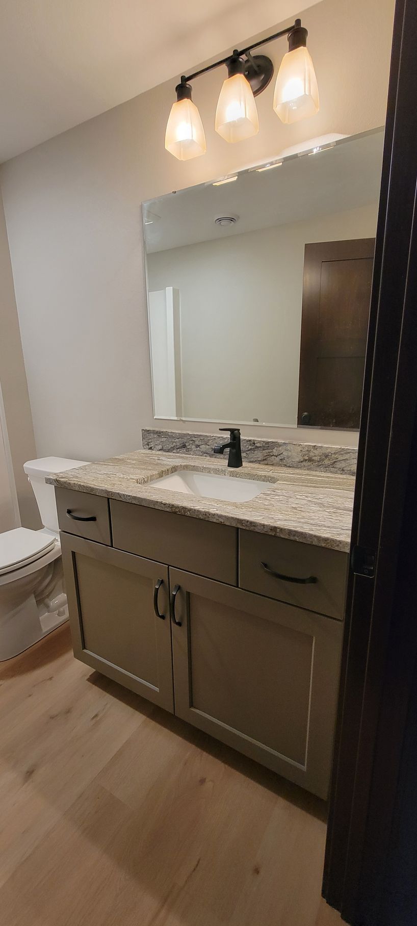 Bathroom with a vanity, mirror, and three-light fixture. The countertop is granite, and the floor is wood.