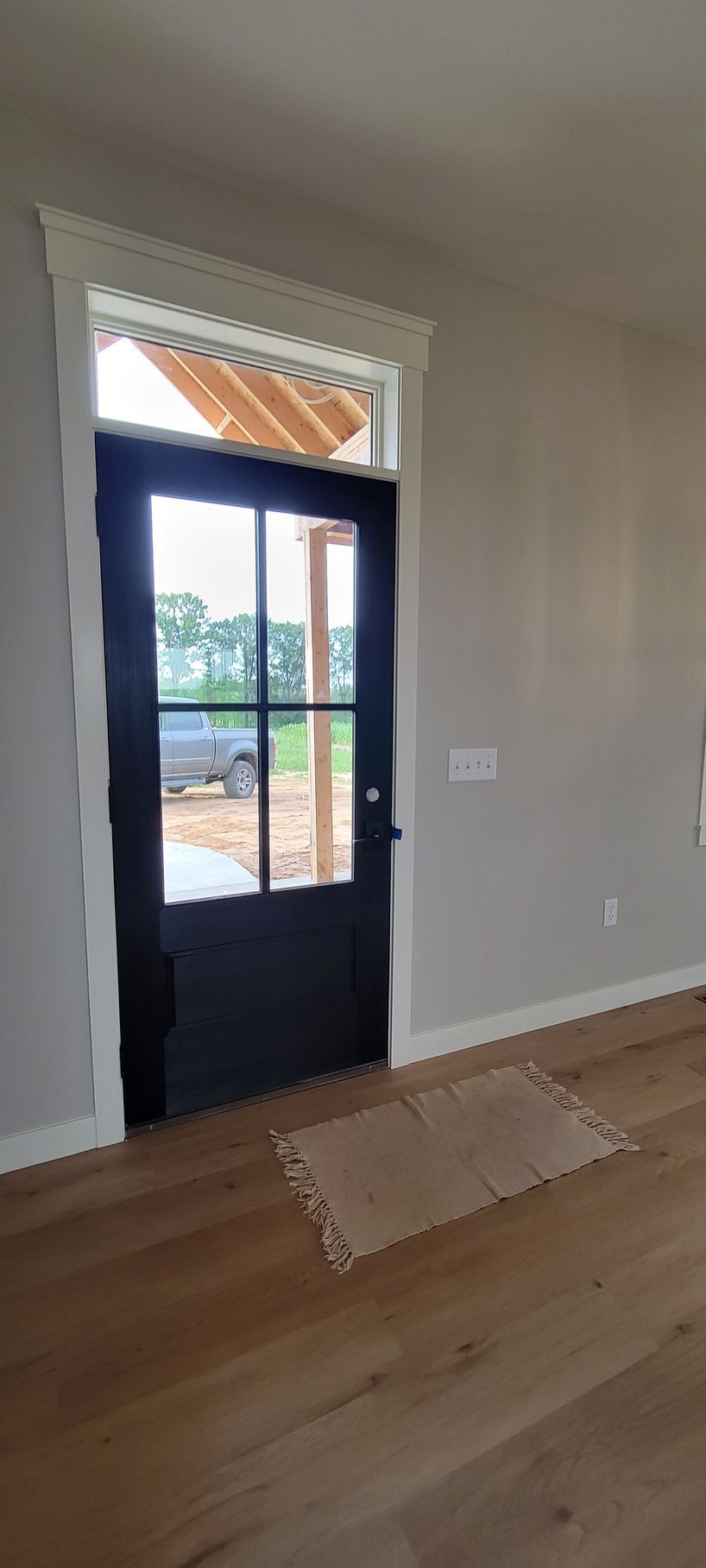 Black door with glass panes in a room with wood flooring, a small rug, and gray walls.