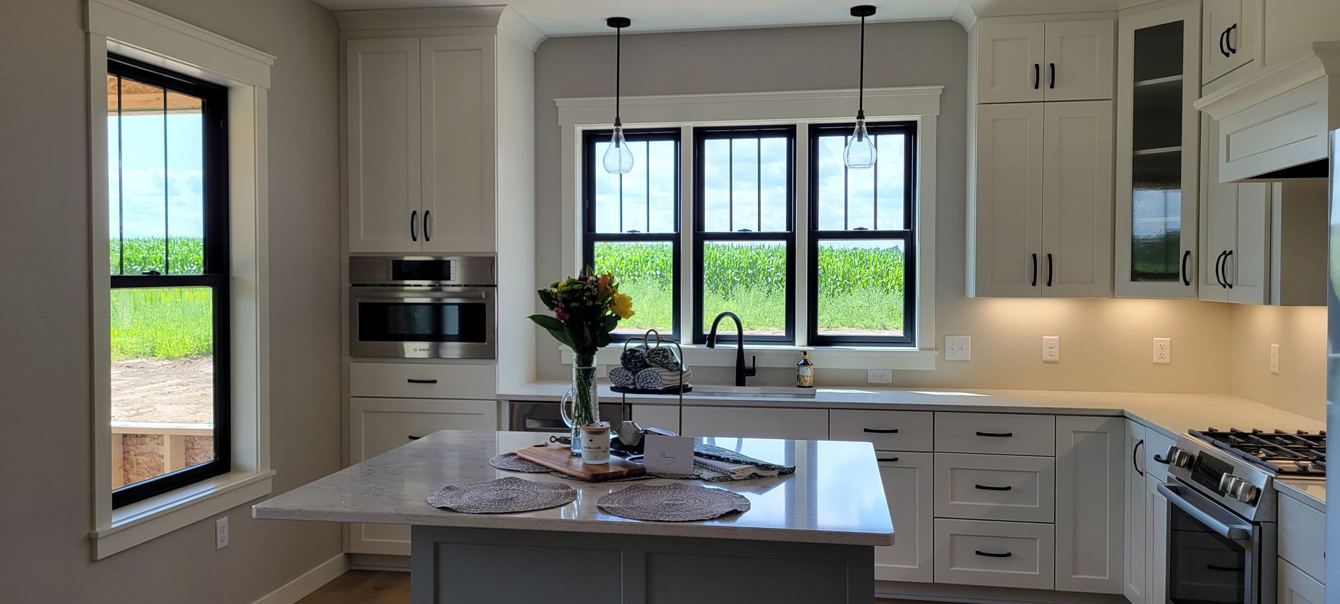 Kitchen with white cabinets, island, and windows overlooking a field. Black hardware and lighting.
