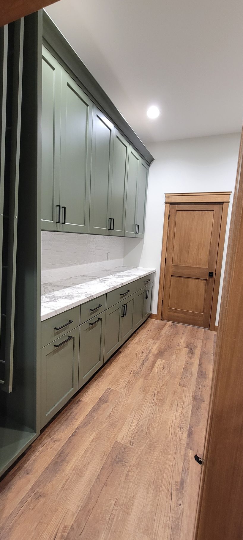 Green cabinets and white countertop in a pantry, wooden door and flooring.