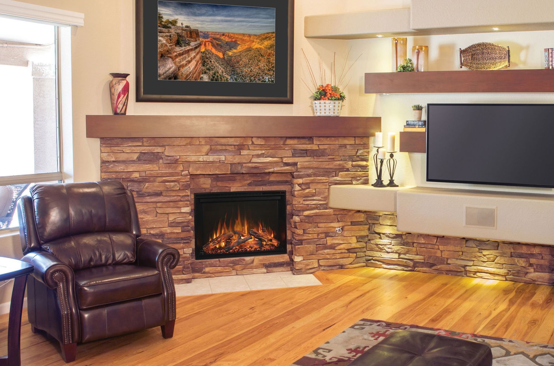 Cozy living room with stone fireplace