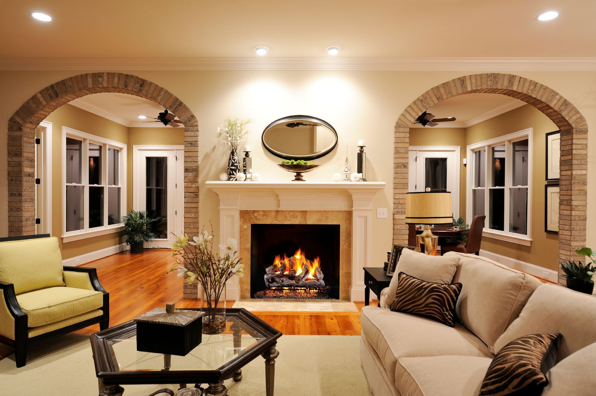 Elegant living room with a lit fireplace