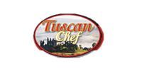 A logo for tuscan chef with a picture of a mountain in the background.