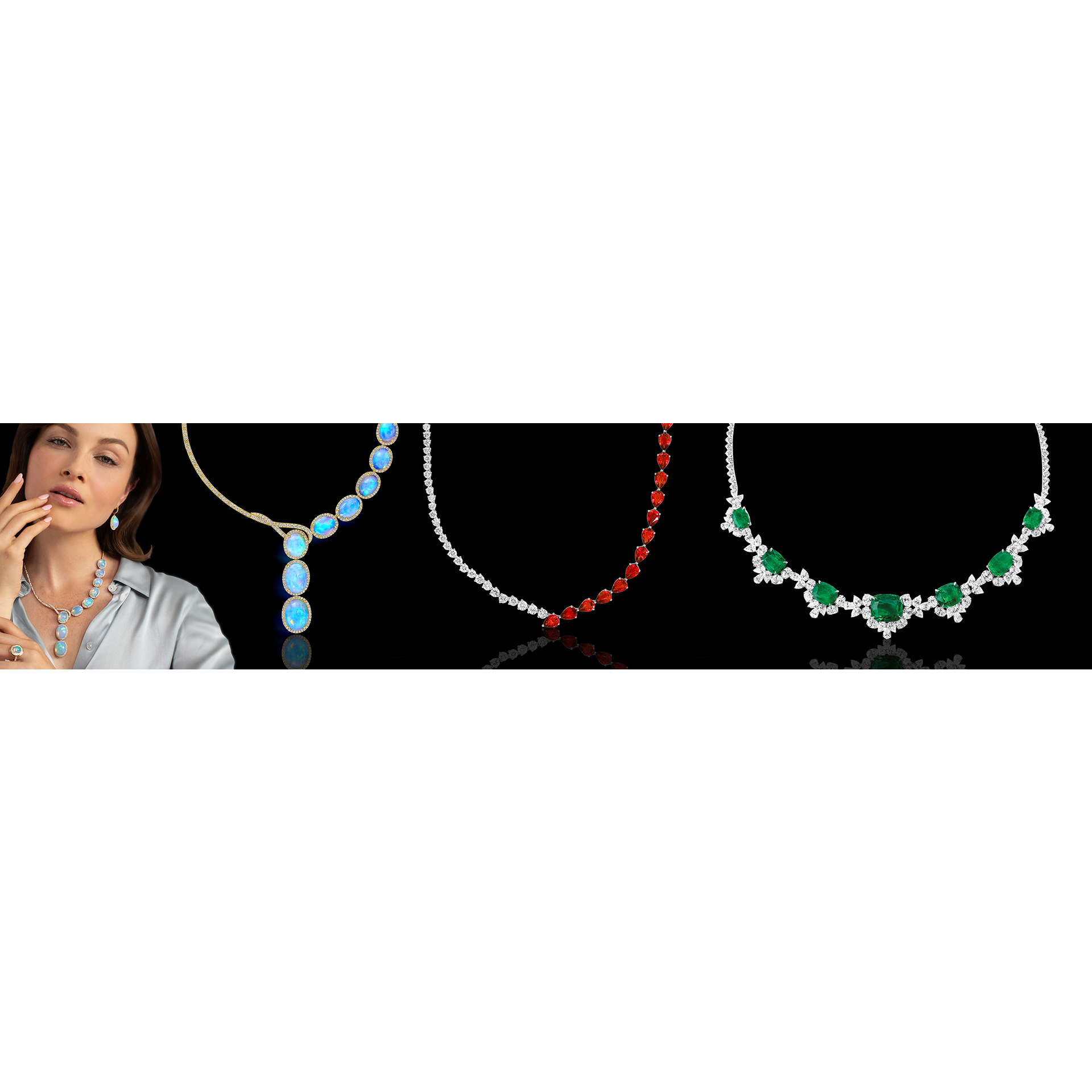 Woman modeling colorful gemstone necklaces on a black background