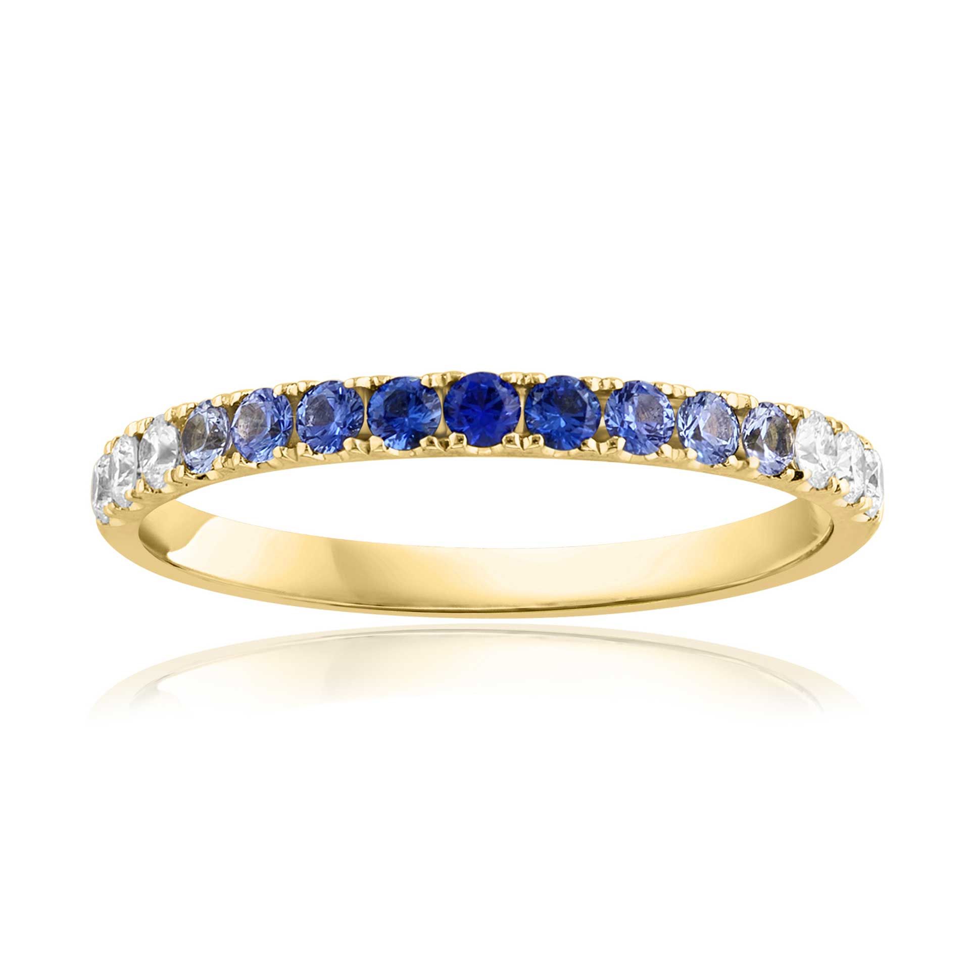 Gold eternity ring with alternating blue and clear gemstones
