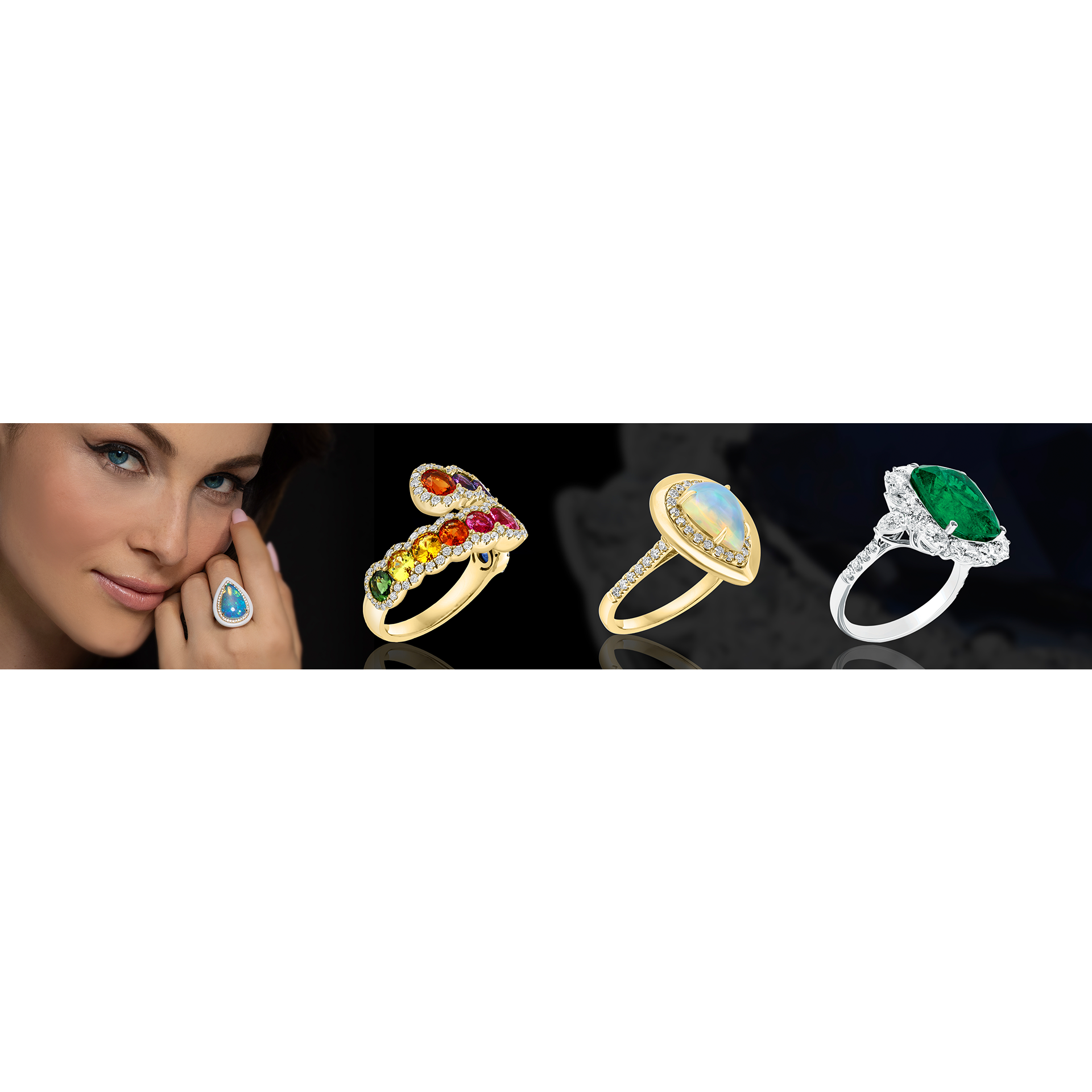 Jewelry ad banner with a woman wearing a ring and three gemstone rings on a dark background