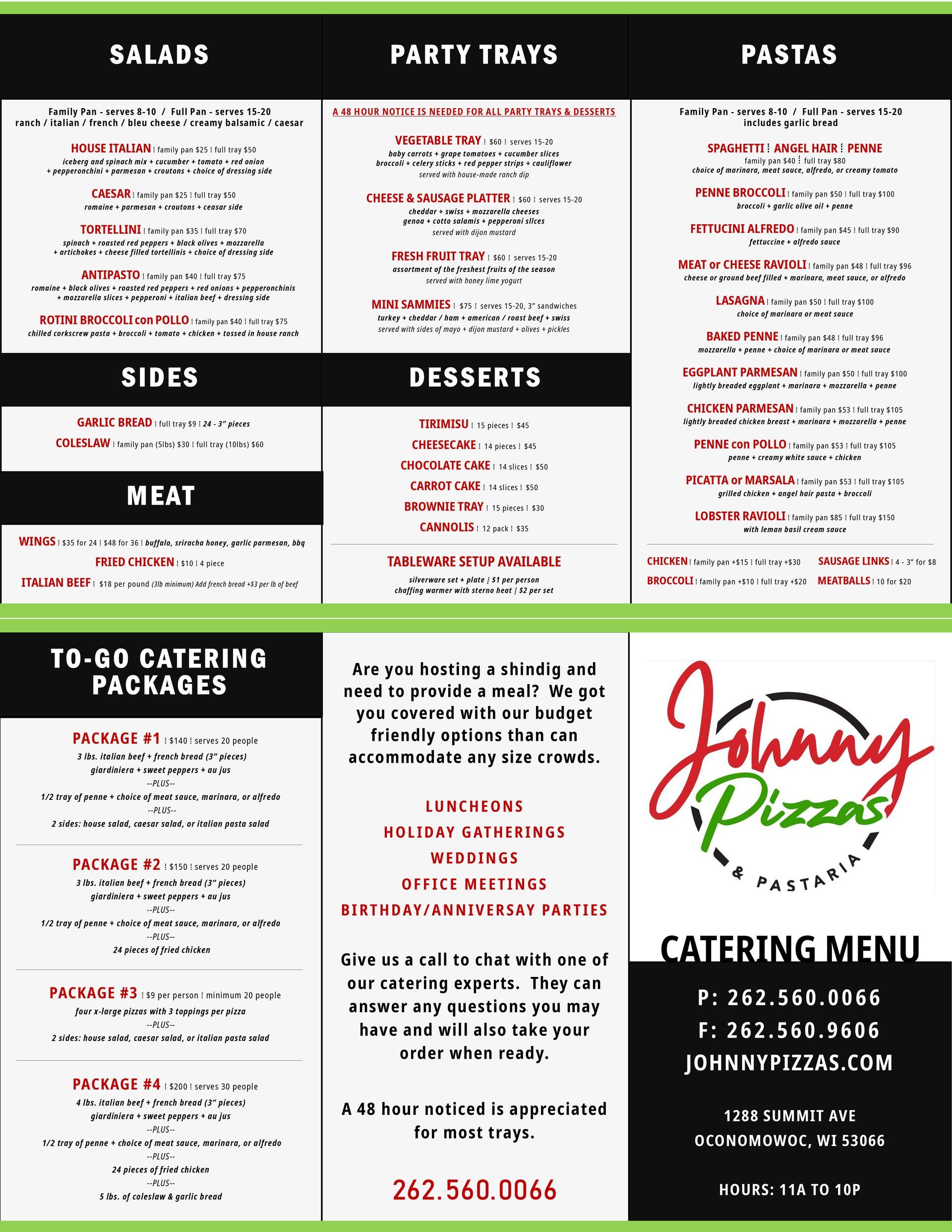 Johnny Pizzas catering menu - cover