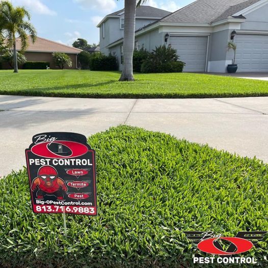 A sign for pest control sits in the grass in front of a house